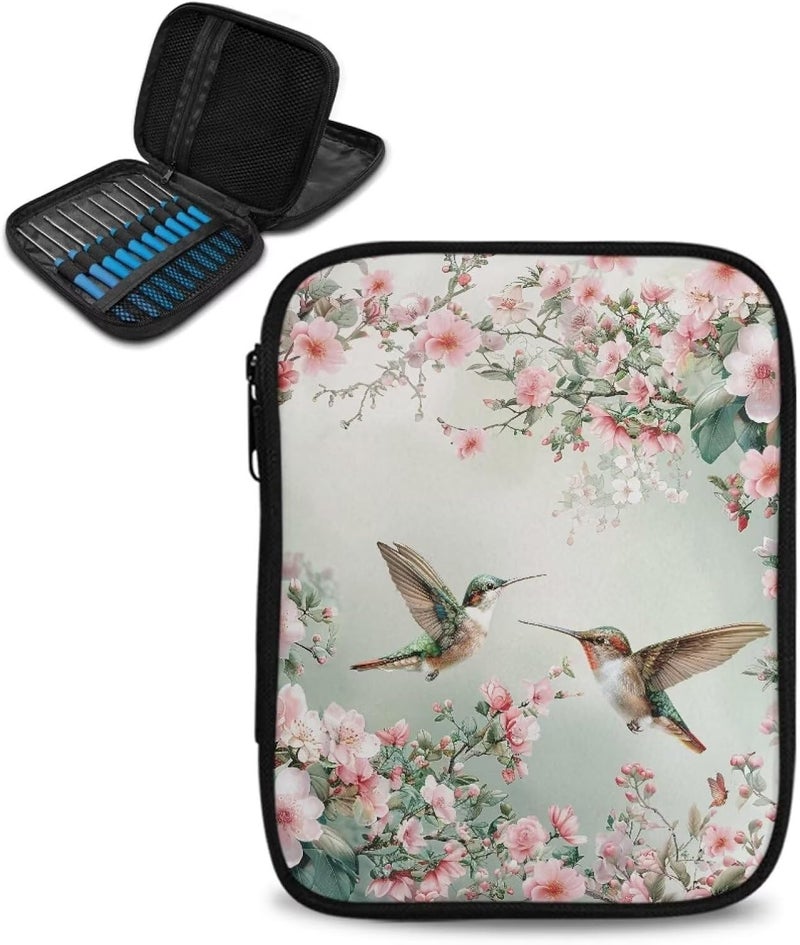 Hechitok Hummingbird Flower Crochet Hook Case, Zipper Storage Organizer Bag with Web Pockets for Crochet Needles/Knitting Accessories/Crochet Hook Kit Tools Easy to Hold - Image 1